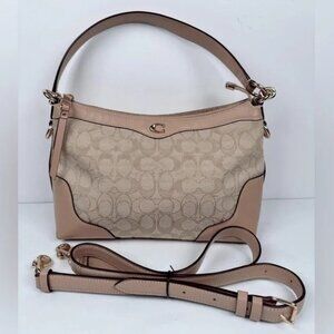 Coach Ivie Hobo Signature Jacquard/Leather Handbag Khaki